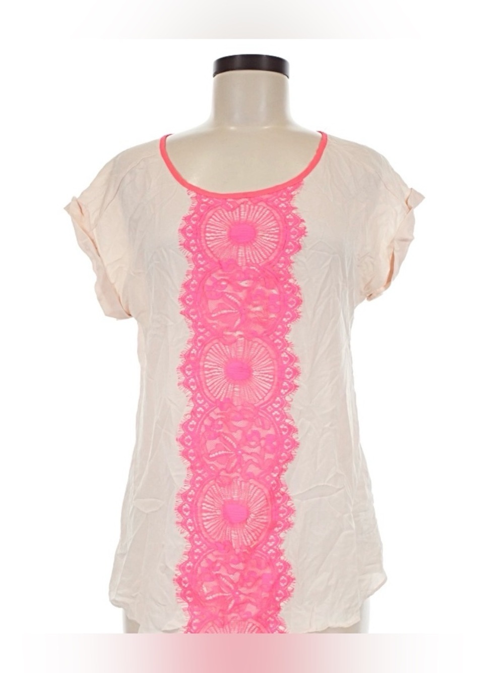 Women’s Express Cream Top with Neon Pink Lace Trim, size medium